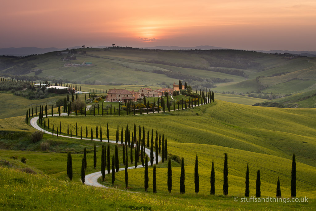 Sunset over the Agriturismo Baccoleno near Asciano in Tuscany